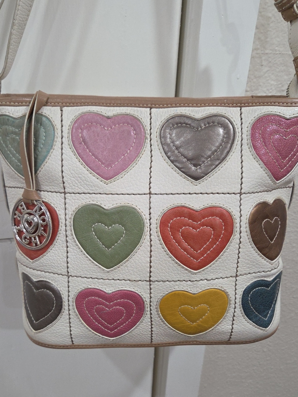 Brighton White Multi-Color Heart Patchwork Crossbody Bag